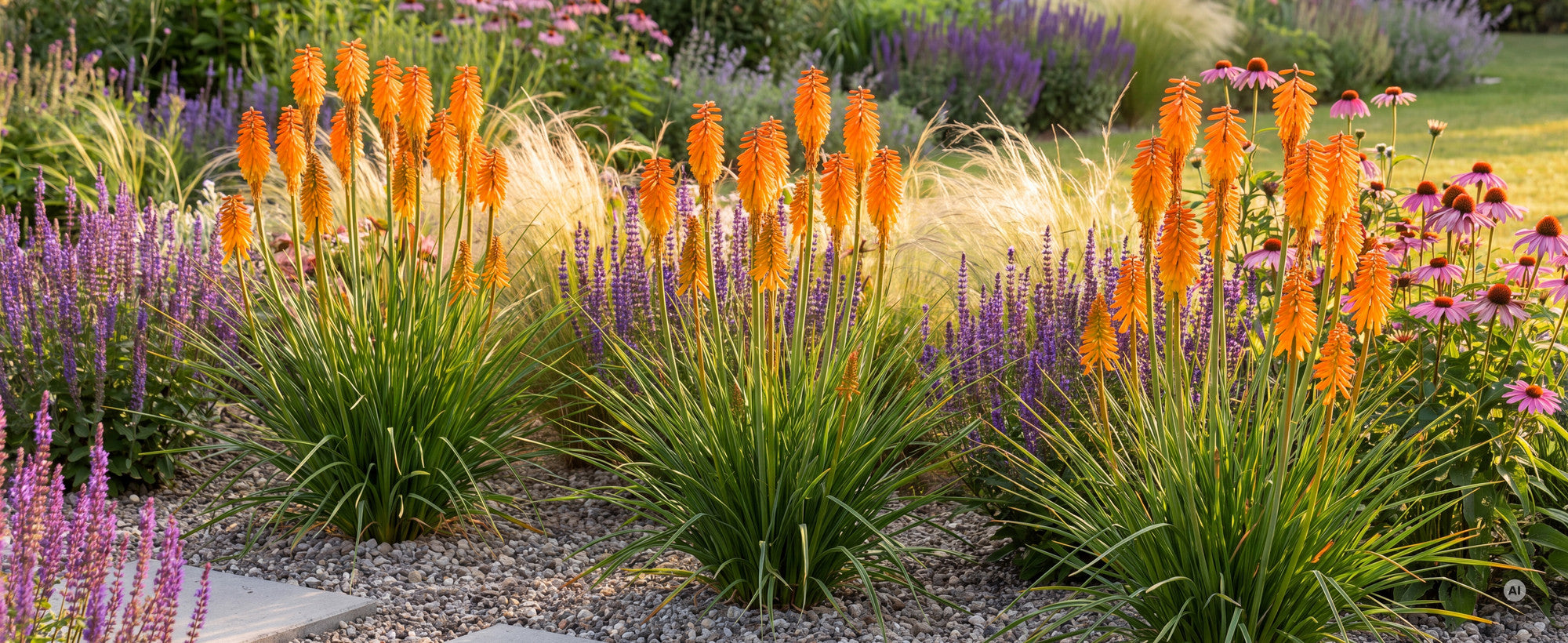 Fackellilie Kniphofia 'Mango Popsicle': blühende Horste mit Kerzen in warmem Mango-Orange im sonnigen Staudenbeet