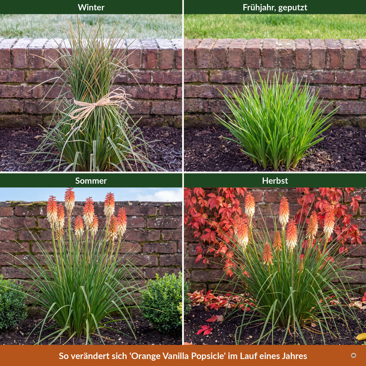 Kniphofia 'Orange Vanilla Popsicle' im Jahreslauf – Winter, Frühjahr, Sommer, Herbst