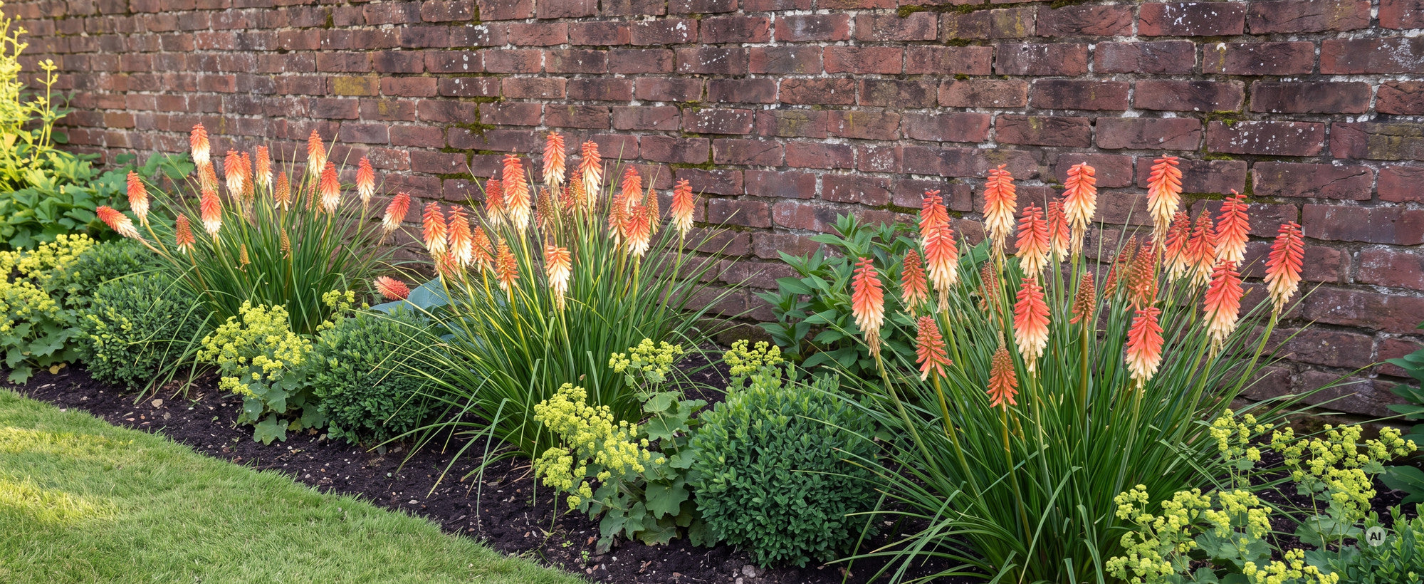 Fackellilie Kniphofia 'Orange Vanilla Popsicle': blühende Horste mit korallenrot-cremefarbenen Kerzen vor einer alten Backsteinmauer