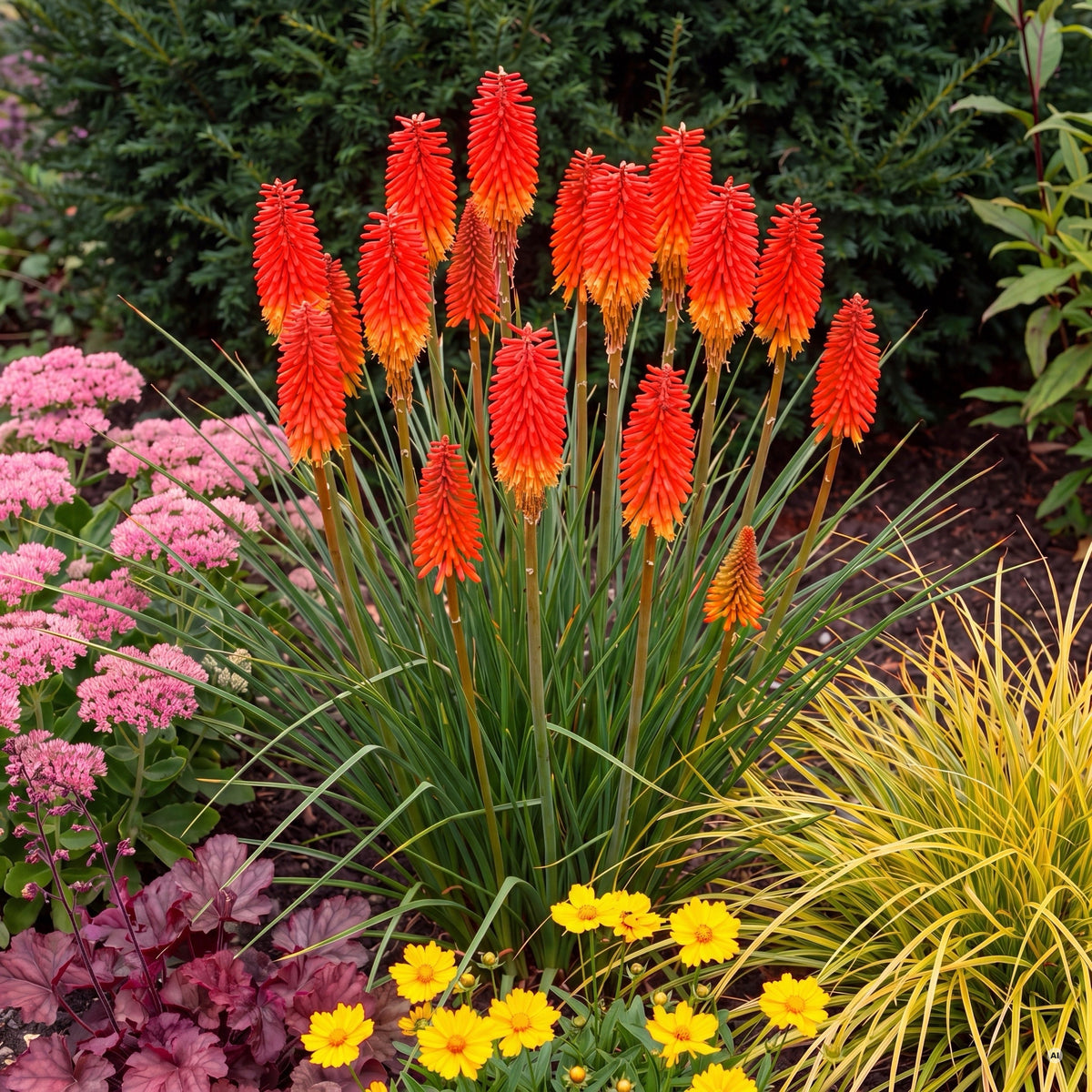 Kniphofia 'Papaya Popsicle' – blühender Horst mit orangeroten Blütenkerzen und gelbem Fuß im Staudenbeet