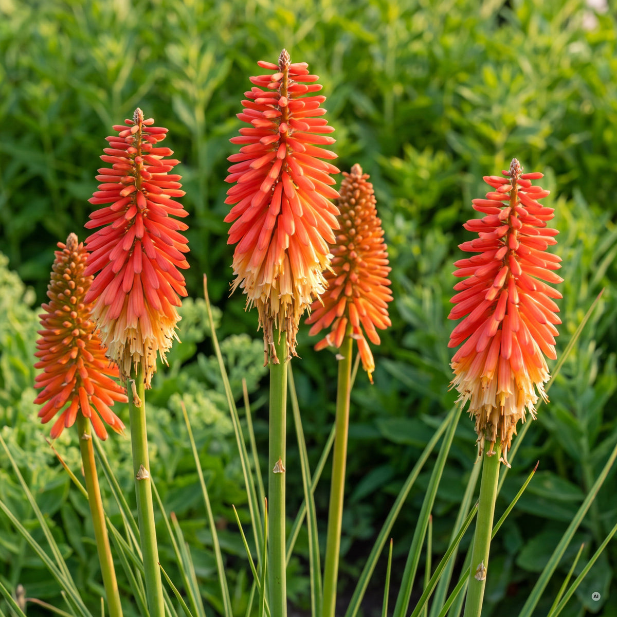 Blütenkerzen der Kniphofia 'Papaya Popsicle' aus der Nähe – oben orangerot, unten gelb