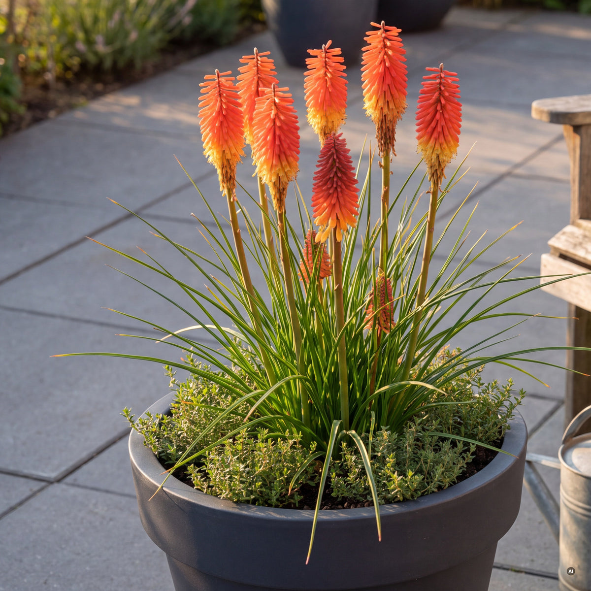 Fackellilie 'Papaya Popsicle' im Kübel auf der Terrasse
