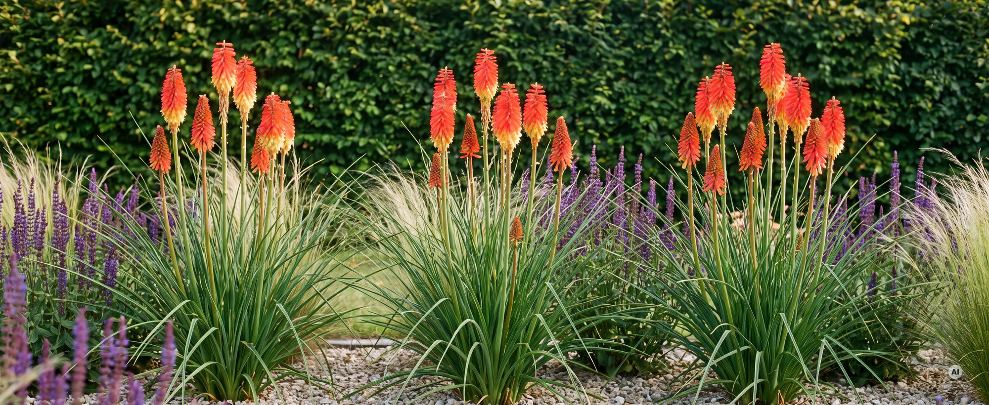 Fackellilie Kniphofia 'Papaya Popsicle': drei blühende Horste mit orangeroten Kerzen und gelbem Fuß im sonnigen Kiesbeet vor einer Hecke