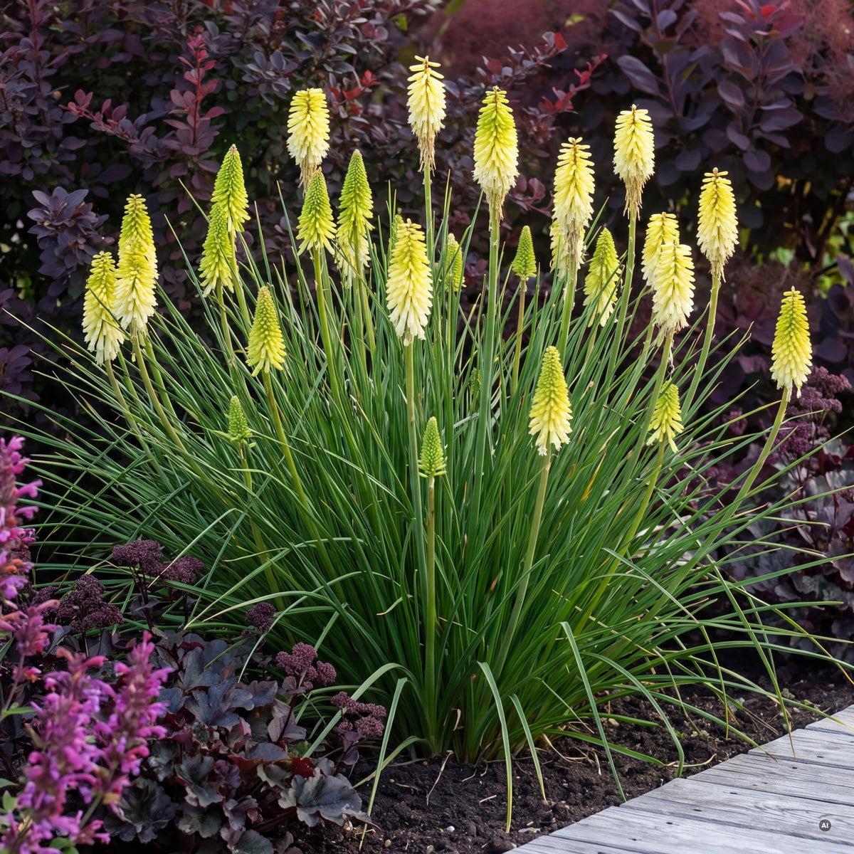 Kniphofia 'Pineapple Popsicle' – blühender Horst mit hell limettengelben Blütenkerzen vor dunkelrotem Laub