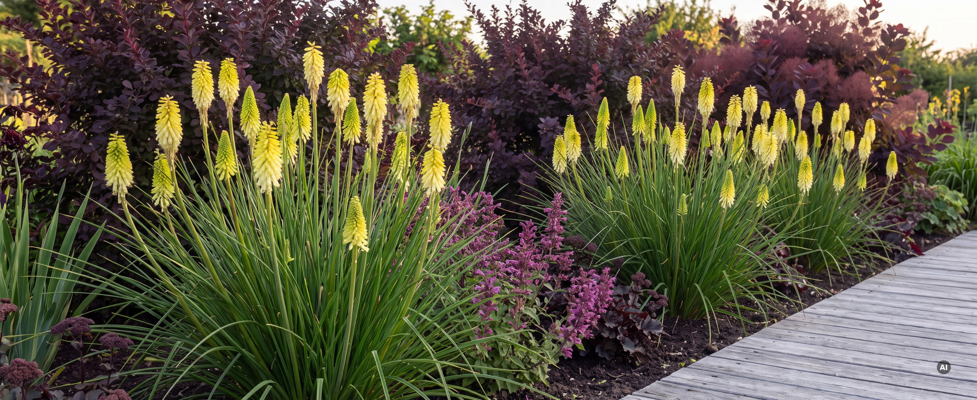 Fackellilie Kniphofia 'Pineapple Popsicle': blühende Horste mit hell limettengelben Kerzen vor dunkelrotem Laub am Rand einer Holzterrasse