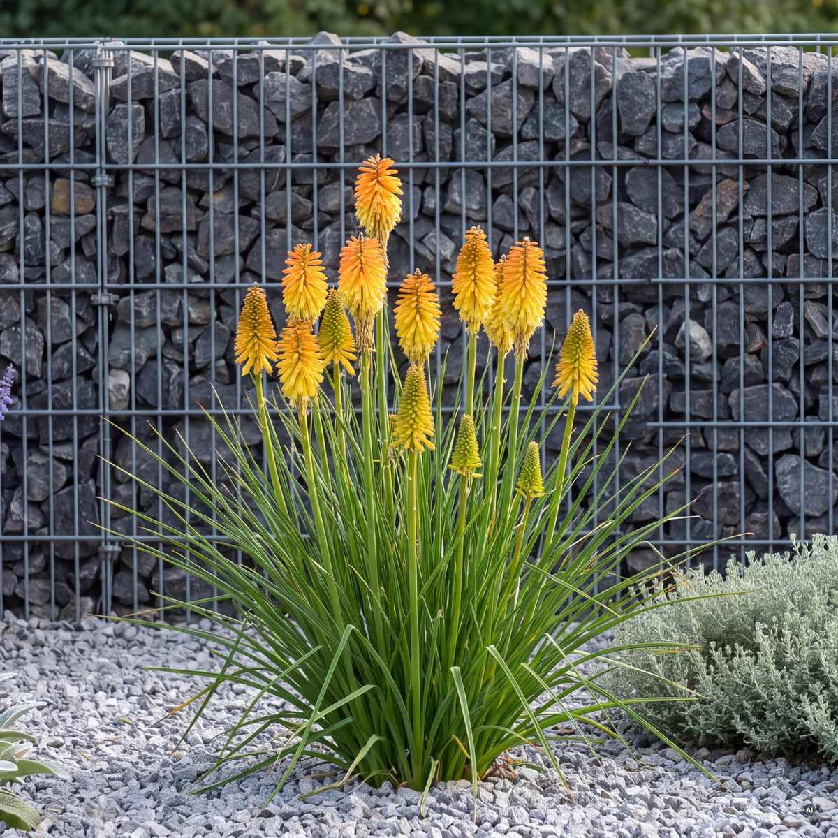 Kniphofia POCO 'Butter Brickle' – blühender Horst mit goldgelben Kerzen vor einer anthrazitgrauen Gabionenmauer