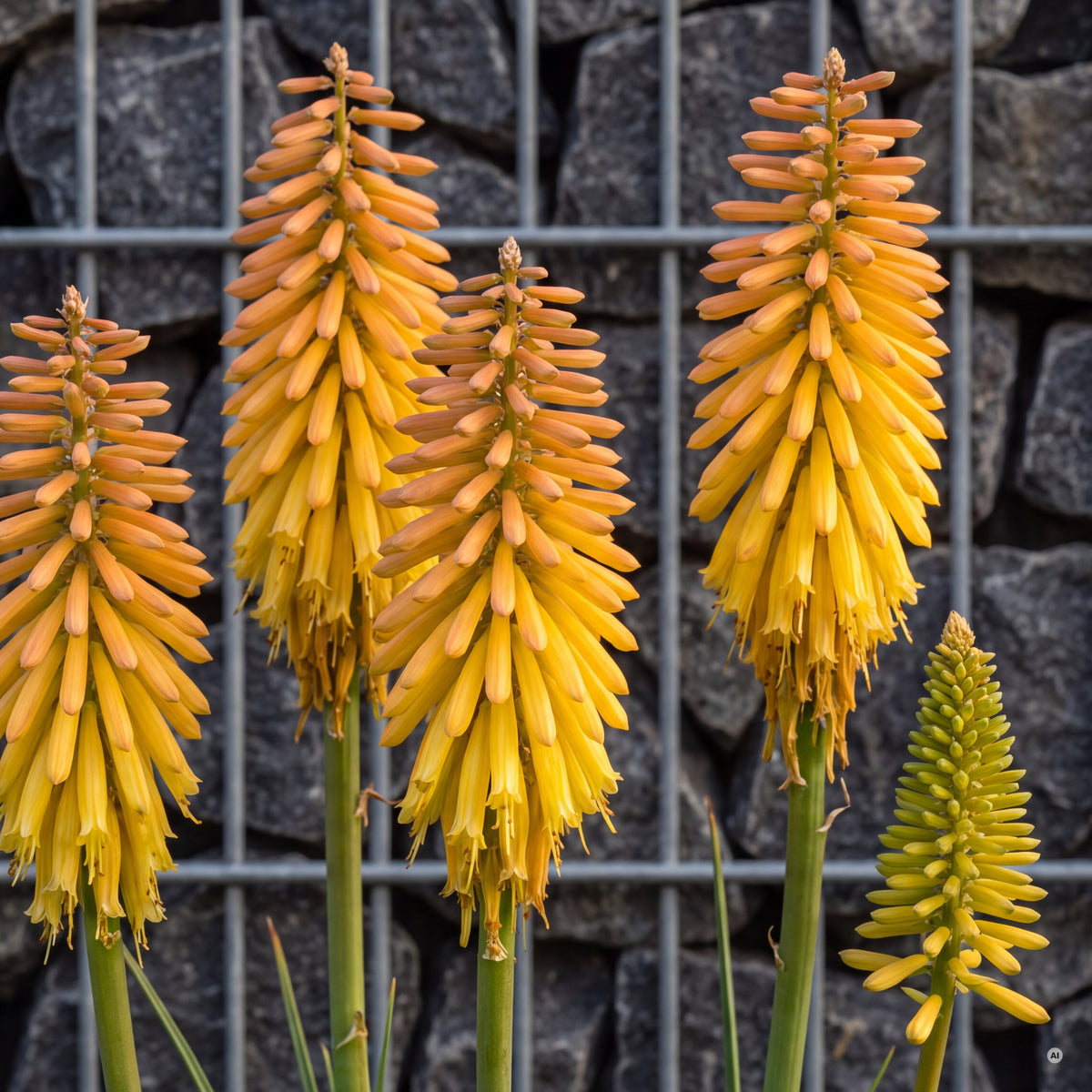 Blütenkerzen der Kniphofia POCO 'Butter Brickle' aus der Nähe – apricot Spitze, butter- bis goldgelbe Röhrenblüten