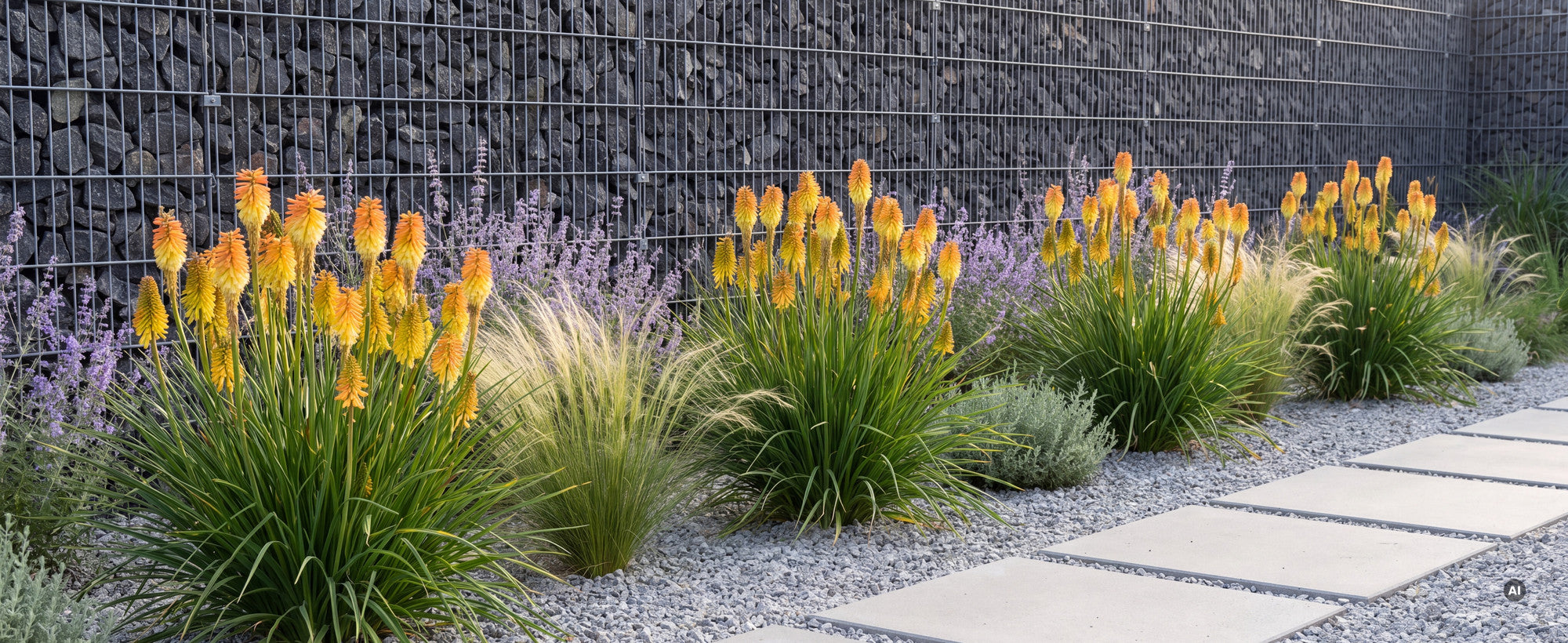 Fackellilie Kniphofia POCO 'Butter Brickle': blühender Horst mit goldgelben Kerzen vor einer anthrazitgrauen Gabionenmauer mit Blauraute und Wollziest