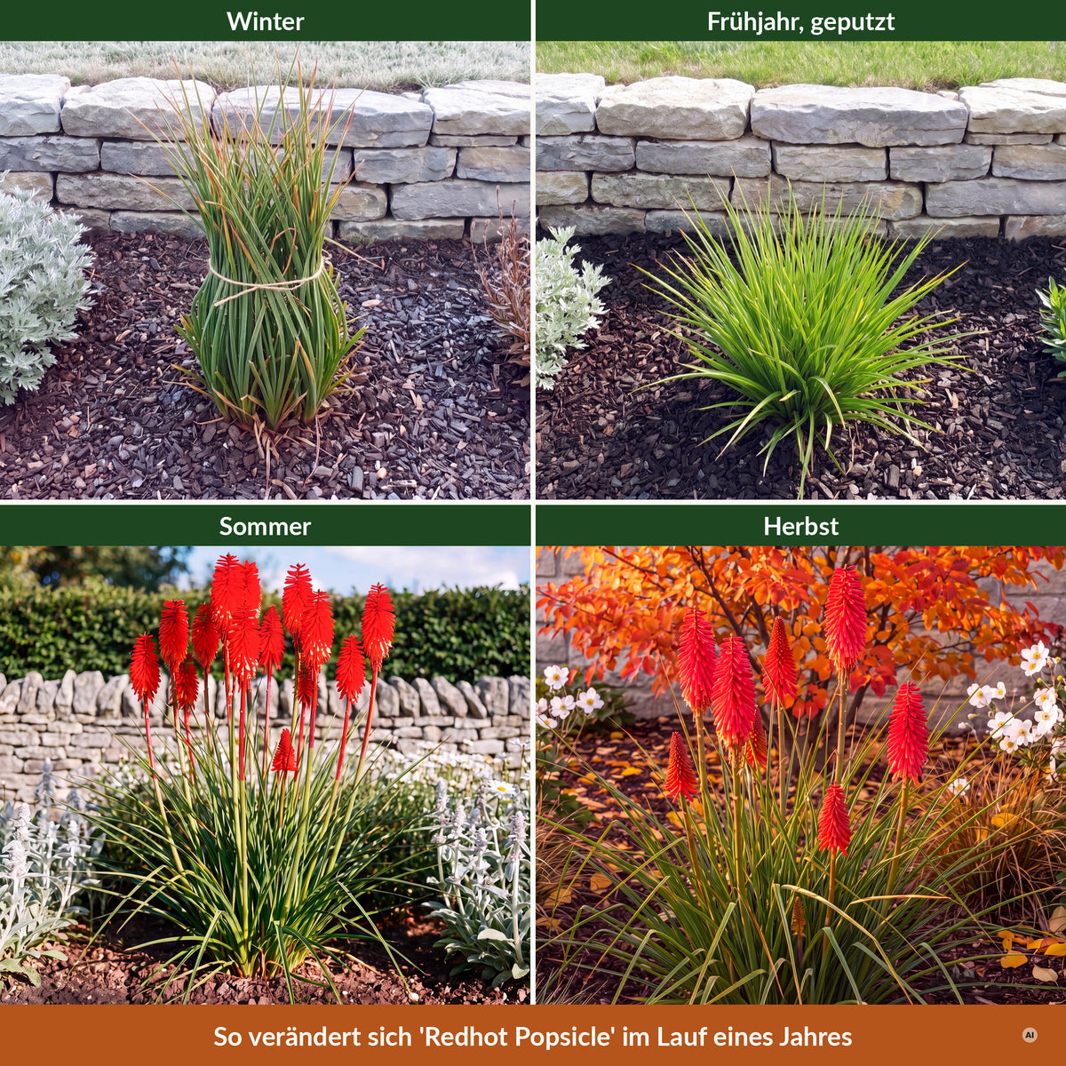 Kniphofia 'Redhot Popsicle' im Jahreslauf – Winter, Frühjahr, Sommer, Herbst