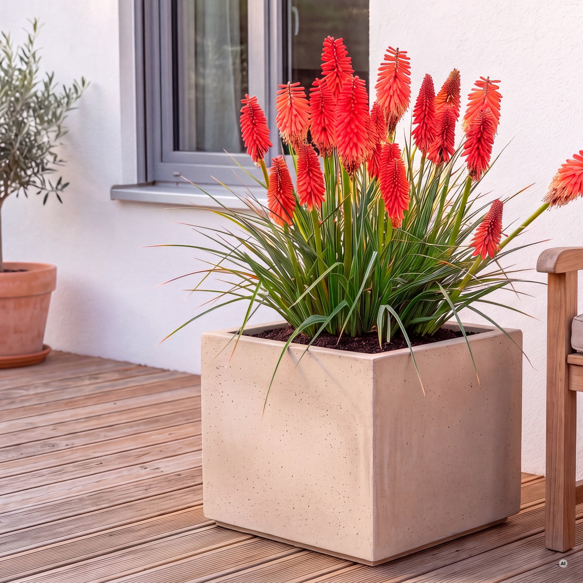 Fackellilie 'Redhot Popsicle' im Kübel auf der Terrasse