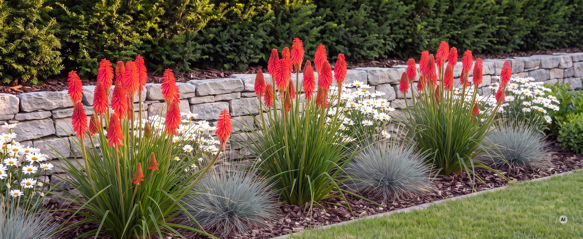Fackellilie Kniphofia 'Redhot Popsicle': blühende Horste mit feuerroten Kerzen vor einer Natursteinmauer