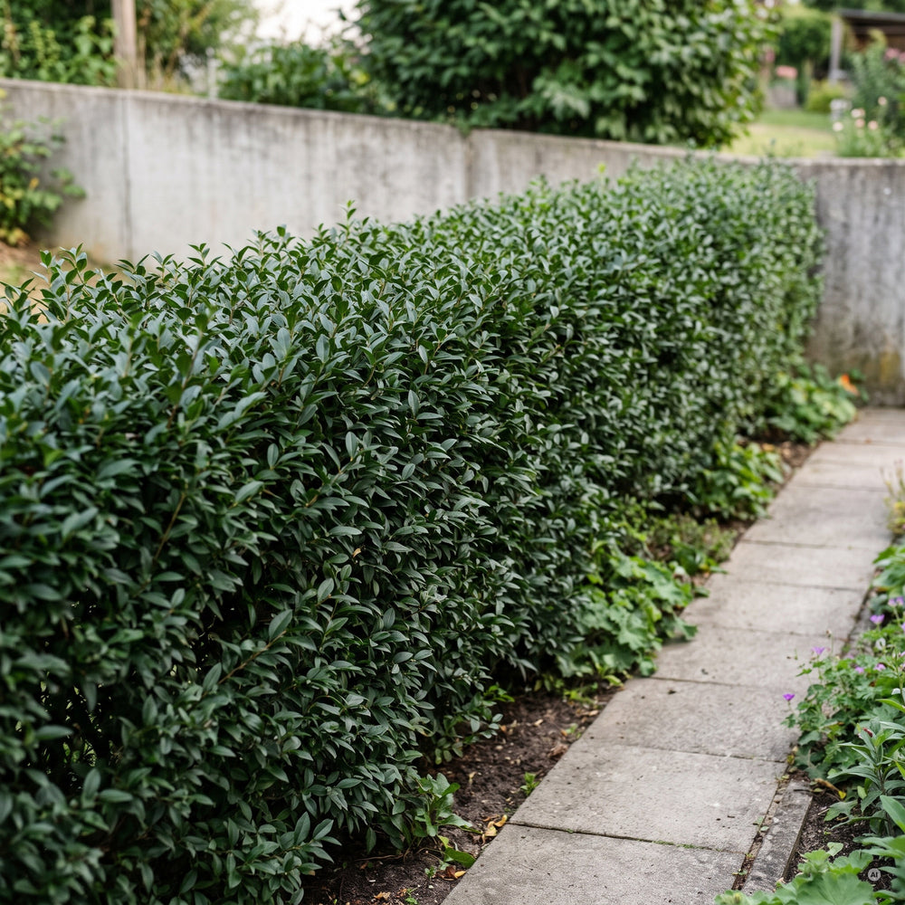 Geschnittene, etwa 1,8 m hohe Hecke aus Schwarzgrünem Liguster mit schmalen, dunklen Blättern vor einer Betonmauer an einem Plattenweg