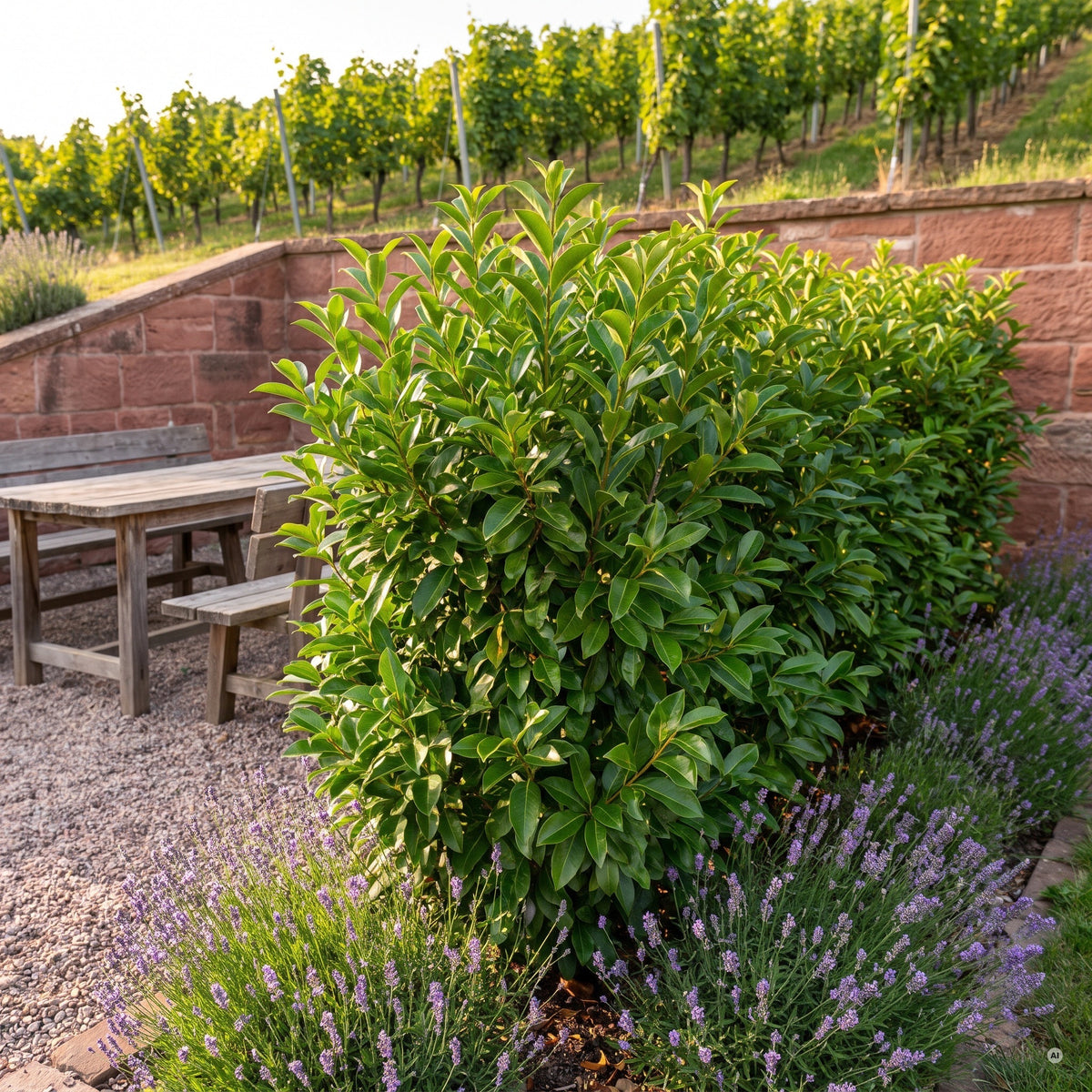 Hausgarten im Weinbaugebiet mit geschnittener Hecke aus Glänzendem Liguster vor einer roten Sandsteinmauer, Holztisch, Lavendel und Rebstöcken