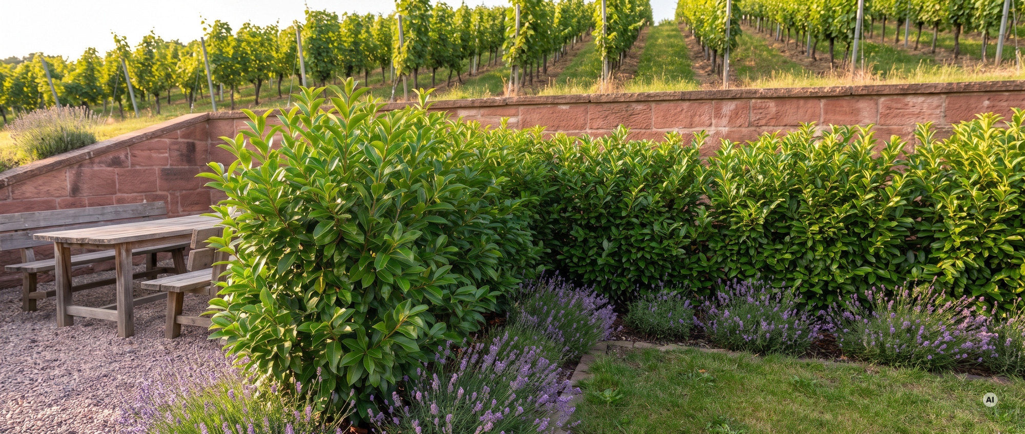 Hausgarten im Weinbaugebiet mit geschnittener Hecke aus Glänzendem Liguster vor einer roten Sandsteinmauer, dahinter Rebstöcke