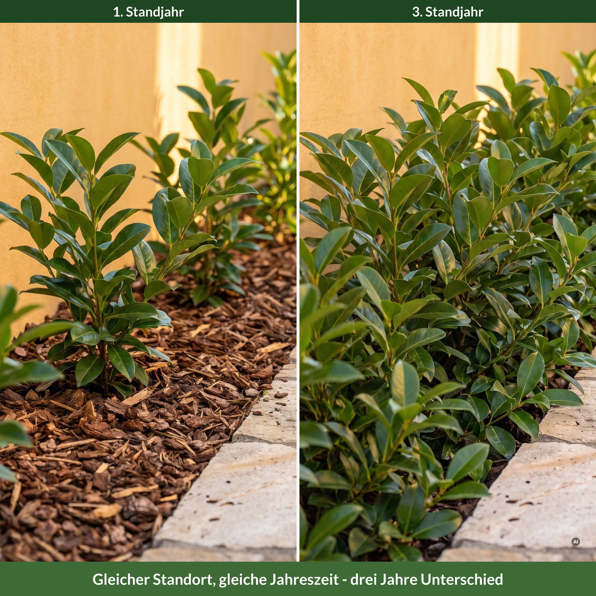 Hecke aus Glänzendem Liguster vor einer ockerfarbenen Mauer im ersten und im dritten Standjahr