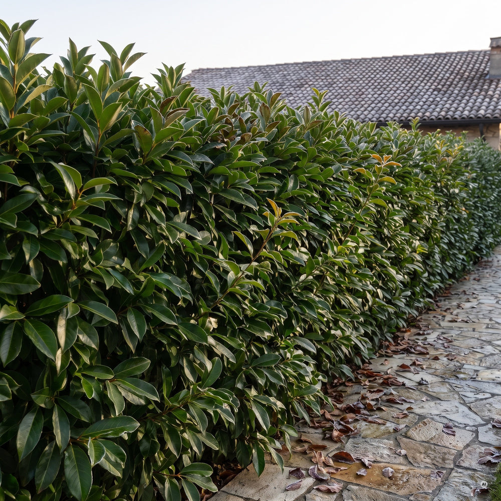 Hecke aus Glänzendem Liguster im Winter, belaubt, einzelne Blätter mit braunem Frostrand, Raureif auf dem Weg