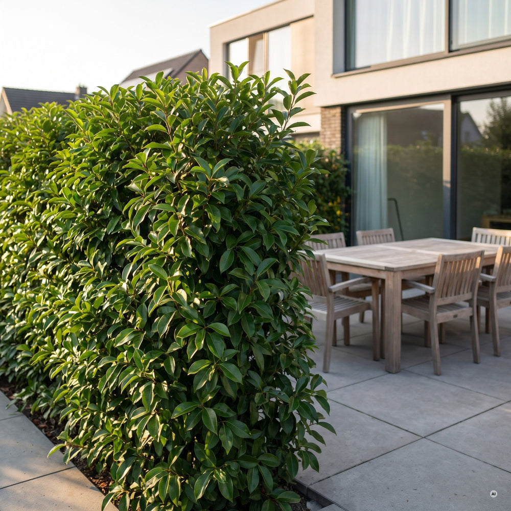 Etwa 2,2 m hohe Hecke aus Glänzendem Liguster als Sichtschutz an einer Terrasse mit Esstisch