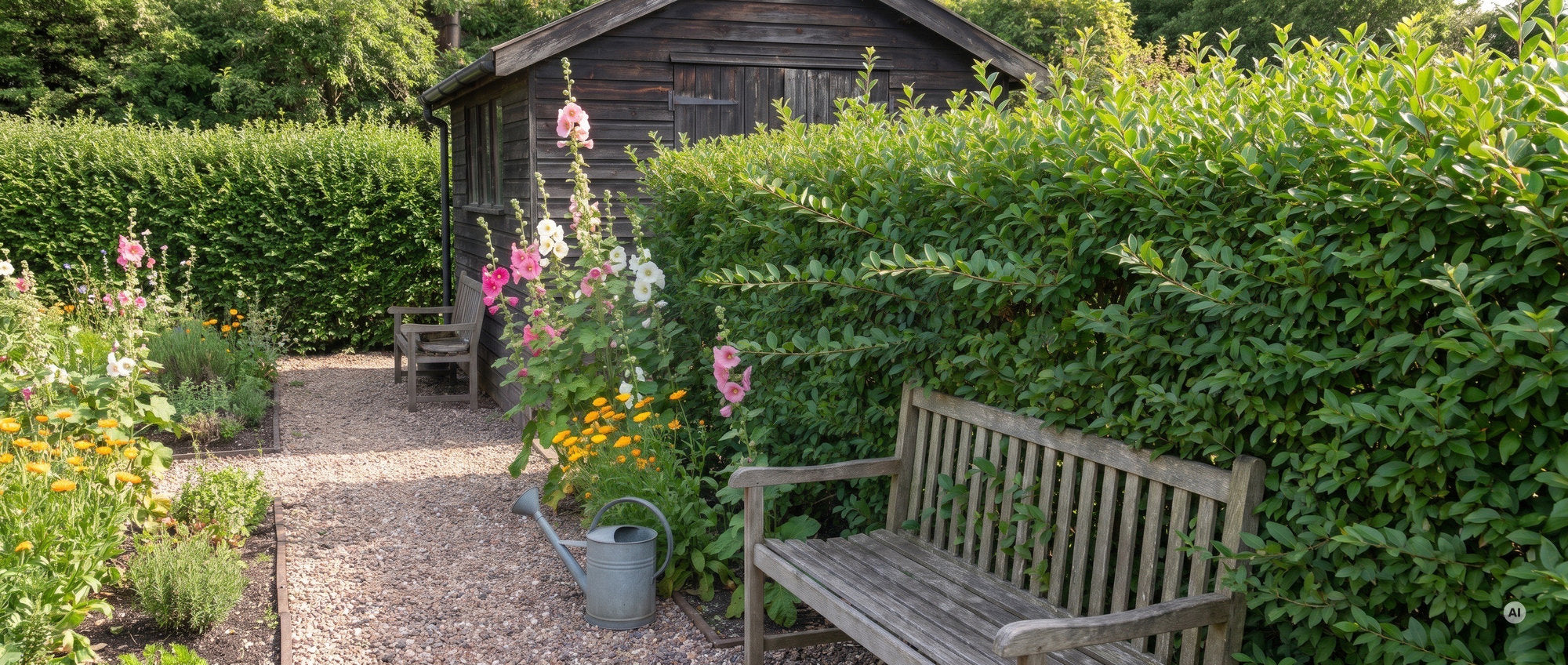 Bauerngarten mit geschnittener Hecke aus Buschigem Liguster am Kiesweg hinter einer Holzbank, Stockrosen und einem dunklen Holzschuppen