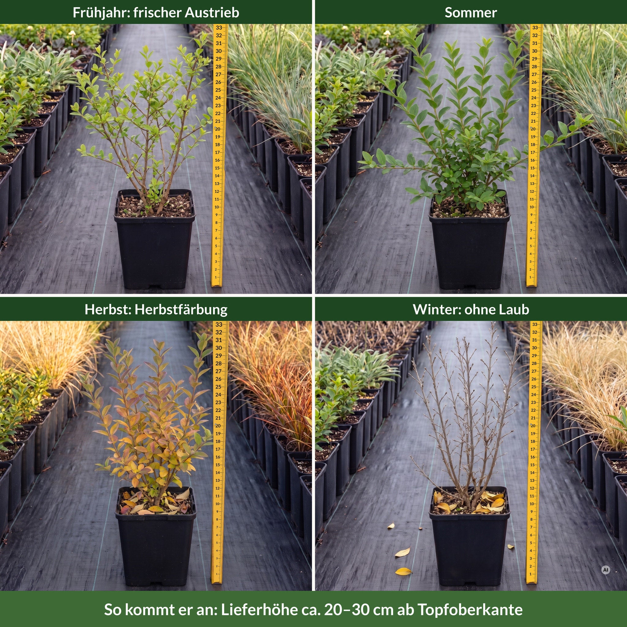 Lieferzustand des Buschigen Ligusters im Frühjahr, Sommer, Herbst und im Winter ohne Laub, mit Zollstock