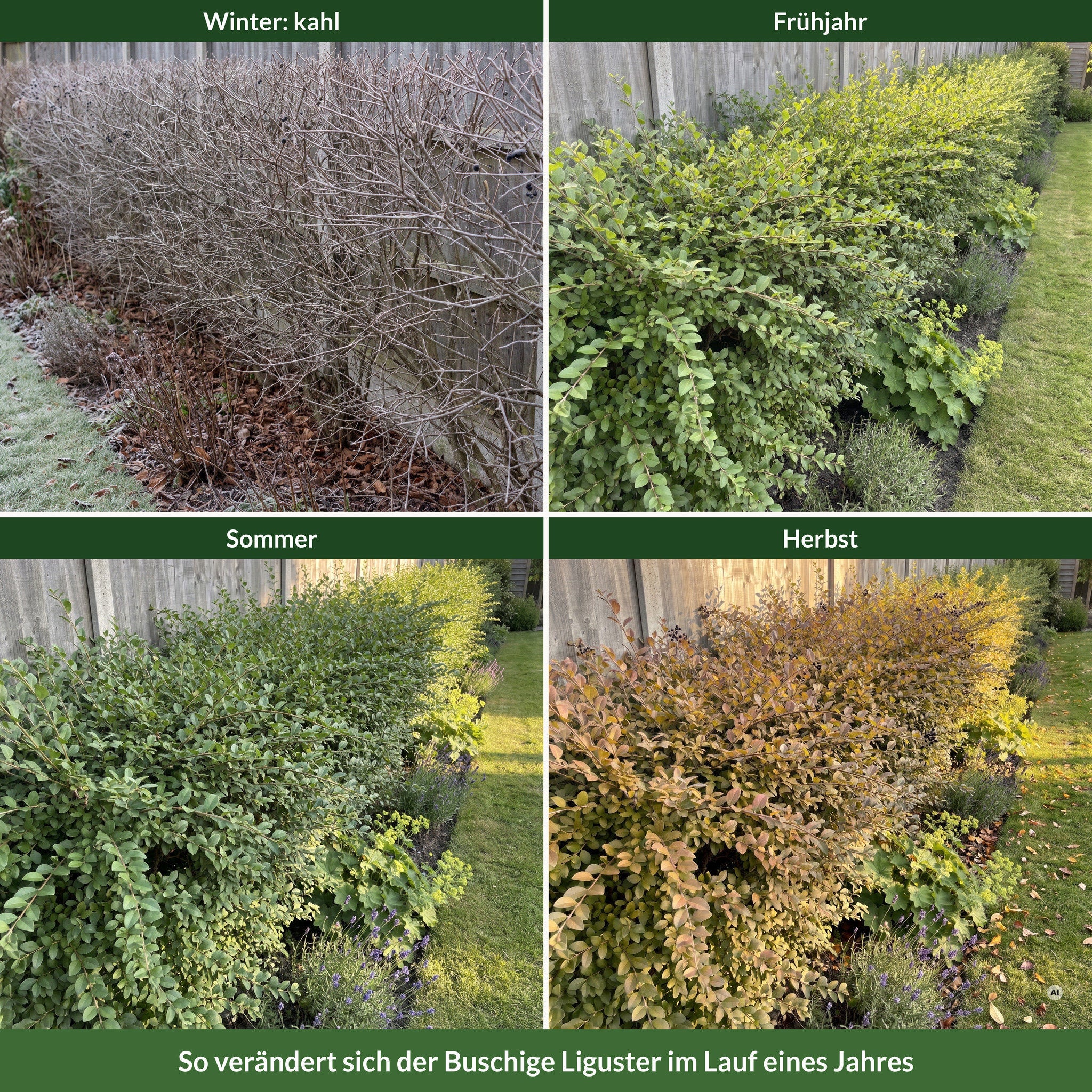 Hecke aus Buschigem Liguster im Winter kahl, im Frühjahr im Austrieb, im Sommer belaubt und im Herbst gefärbt