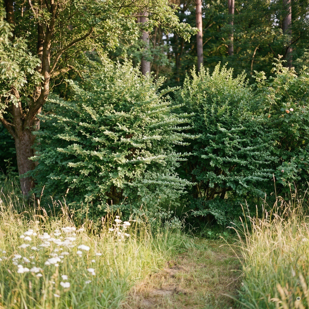 Frei wachsende Buschige Liguster mit waagerechten Zweigen am Rand eines naturnahen Gartens