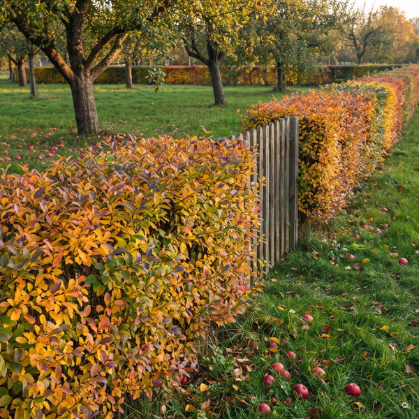 Geschnittene Hecke aus Buschigem Liguster in Herbstfärbung an einer Obstwiese mit Äpfeln im Gras