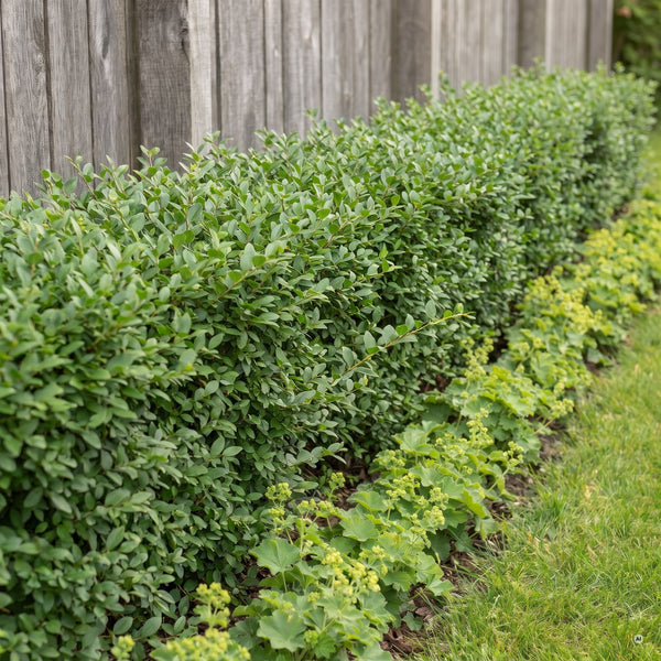 Geschlossene Hecke aus Buschigem Liguster vor einem Holzzaun an einer Rasenfläche