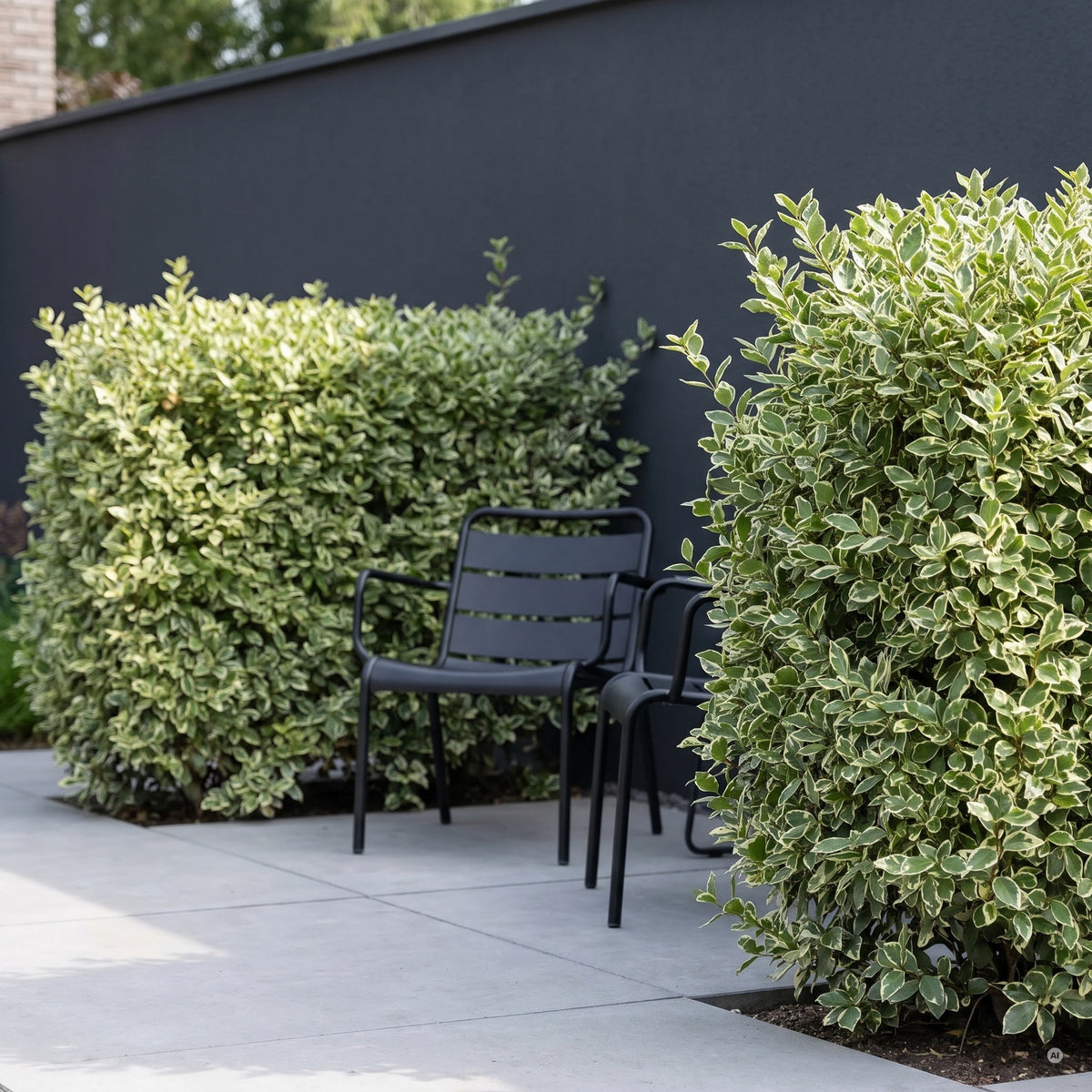 Moderner Stadtgarten mit geschnittener Hecke aus Weißbuntem Liguster vor einer anthrazitfarbenen Mauer und zwei Metallstühlen