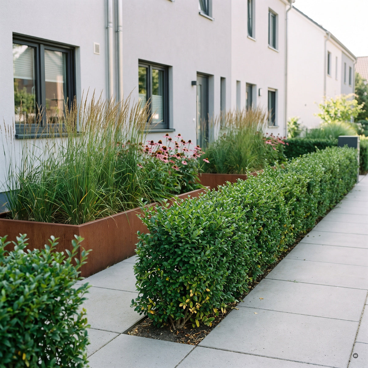 Moderner Vorgarten mit niedriger geschnittener Hecke aus Kompaktem Liguster 'Green Diamond' neben Cortenstahl-Beeten mit Ziergräsern vor einem hellgrauen Reihenhaus