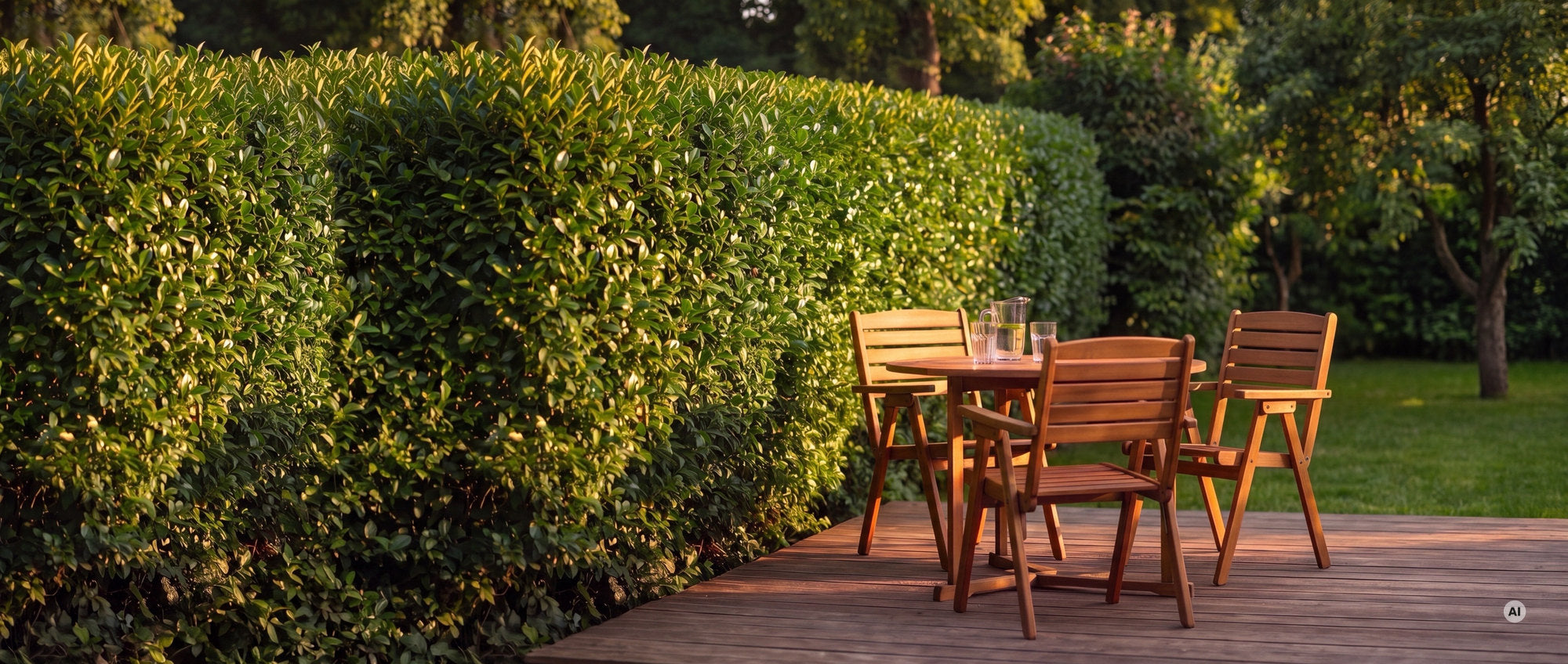 Holzterrasse mit Tisch und Stühlen vor einer dichten, geschnittenen Hecke aus Ovalblättrigem Liguster