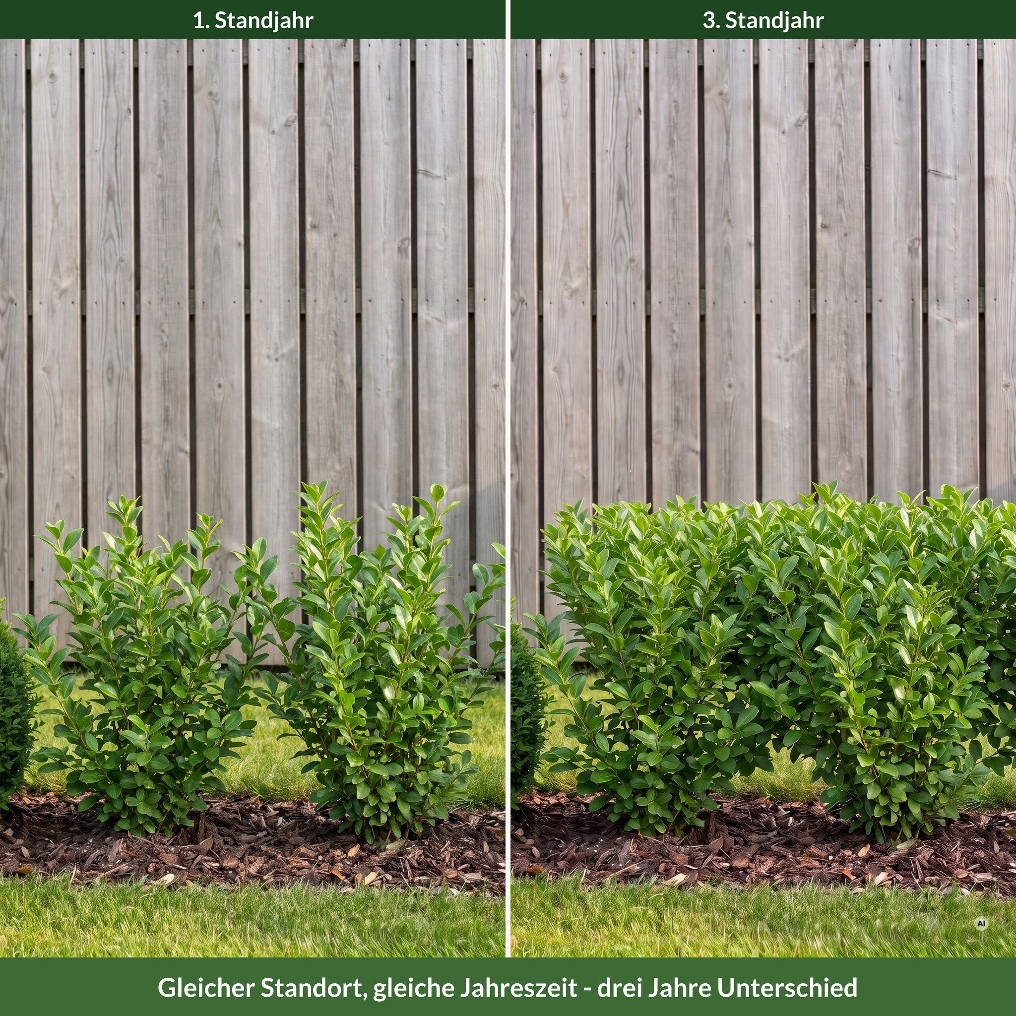 Ligusterhecke am Holzzaun im ersten und im dritten Standjahr