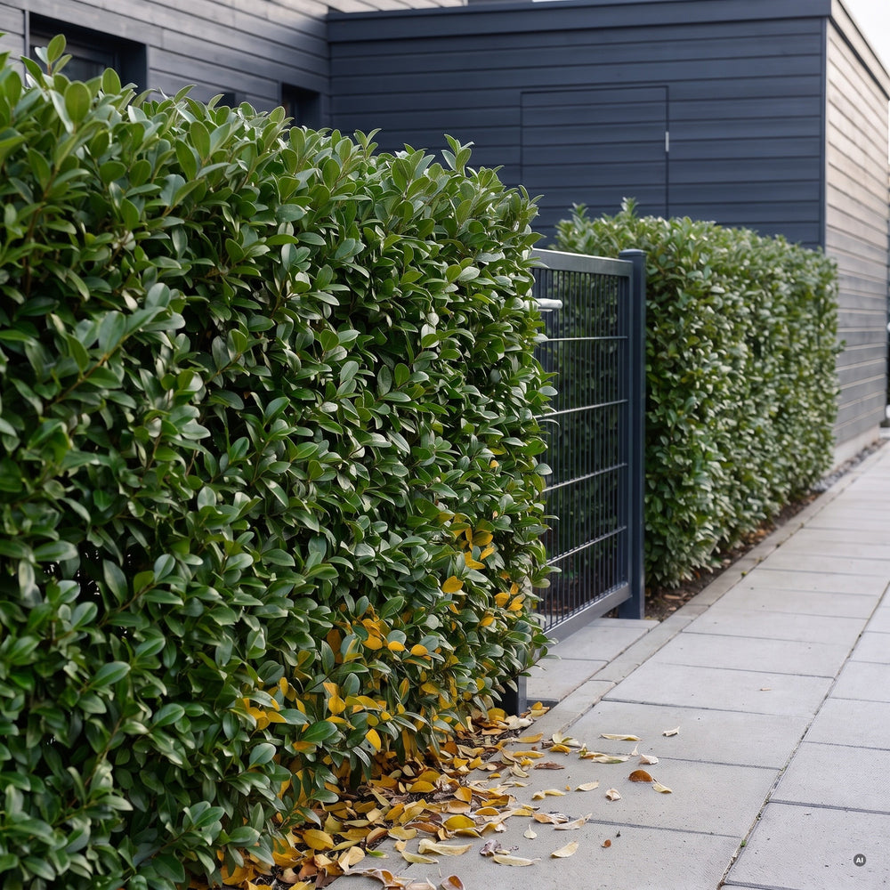 Ligusterhecke im Winter, überwiegend grün, unten einzelne gelbe Blätter auf dem Pflaster