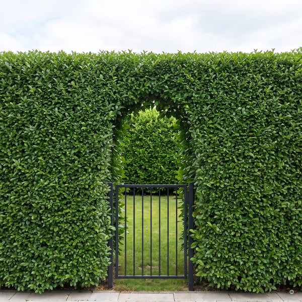 Hohe Ligusterhecke an der Grundstücksgrenze mit schmalem Metalltor