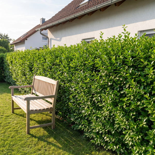 Ligusterhecke im Hausgarten mit Rasen und Holzbank
