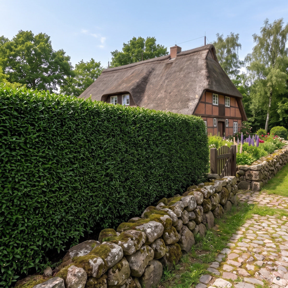 Reetdachhaus mit Feldsteinwall, darauf eine sauber geschnittene, dunkle Hecke aus Schwarzgrünem Liguster bis zur Holzpforte