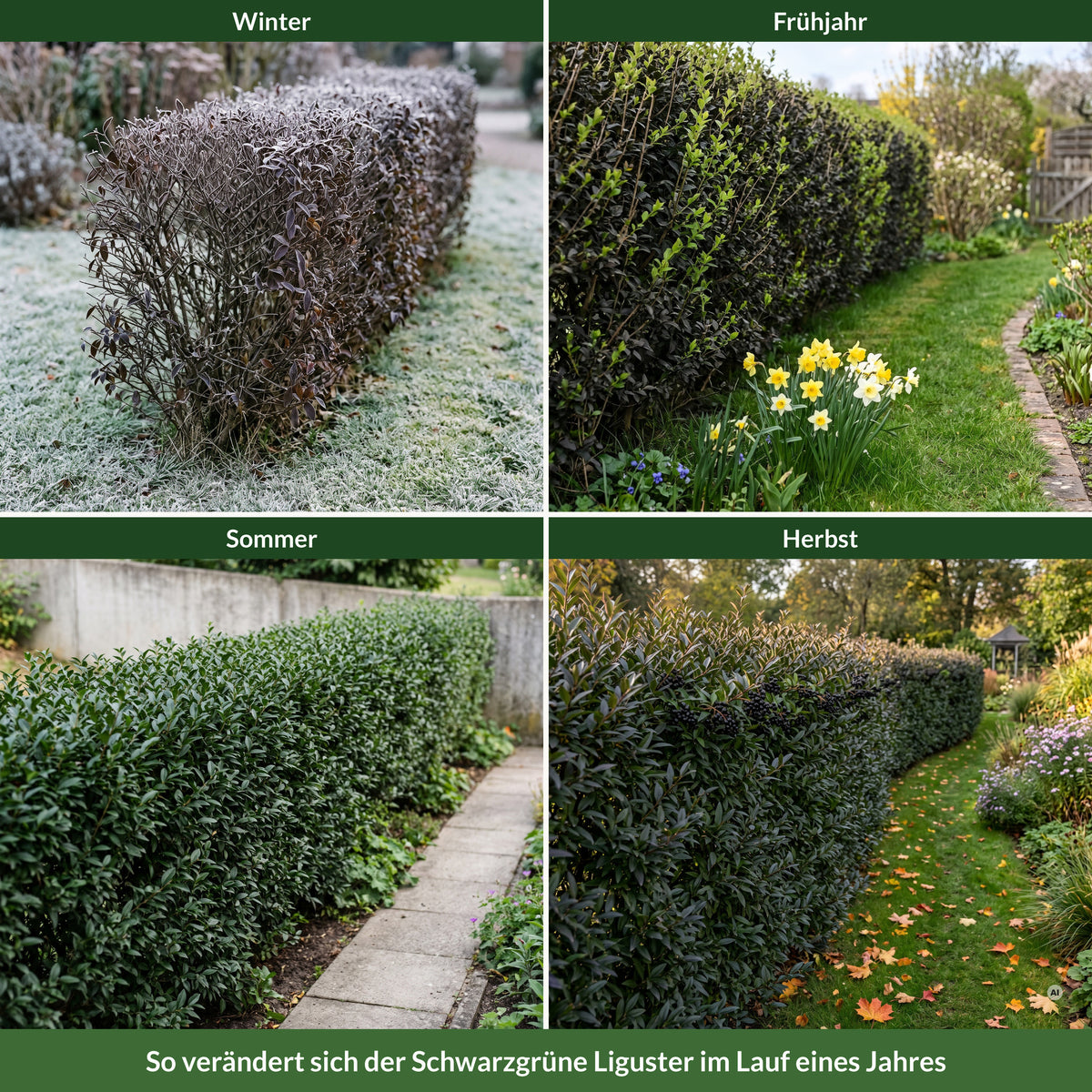 Hecke aus Schwarzgrünem Liguster im Winter mit bronze-violettem Restlaub, im Frühjahr, Sommer und Herbst – halbimmergrün
