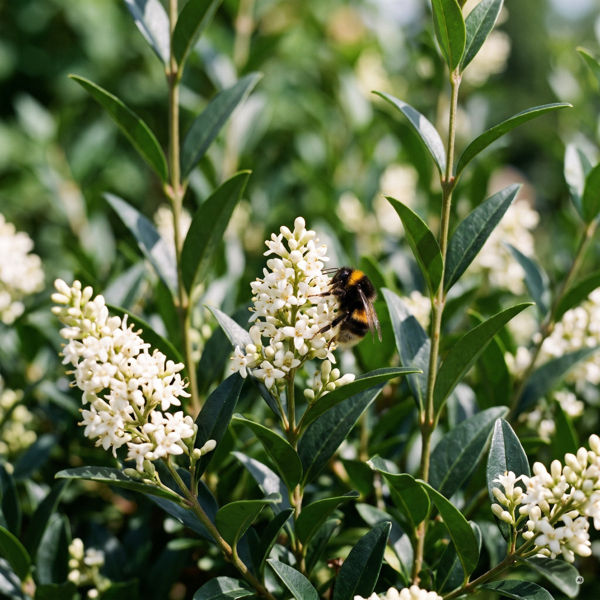 Cremeweiße Blütenrispen des Schwarzgrünen Ligusters im Juni mit einer Hummel