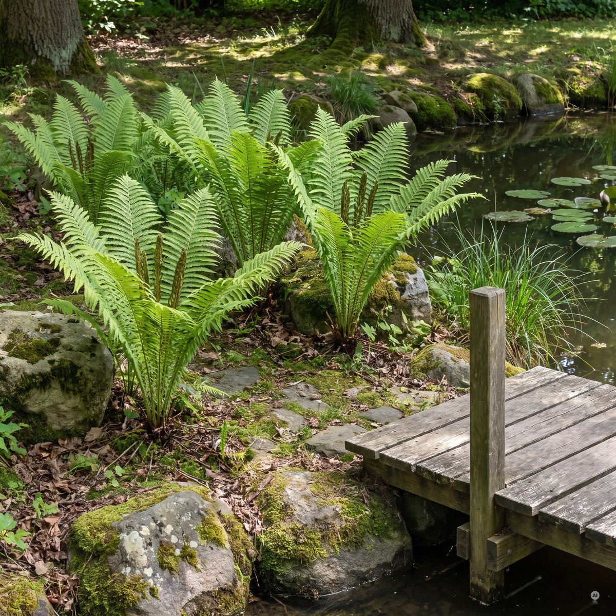 Straußenfarn Matteuccia struthiopteris mit großen, trichterförmigen Wedeln am Teichufer neben einem Holzsteg