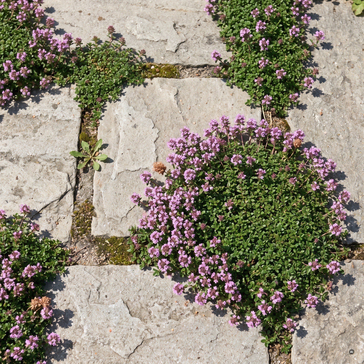 Zwerg-Thymian 'Minor' blüht lila-rosa in den Fugen eines Natursteinwegs im Juni