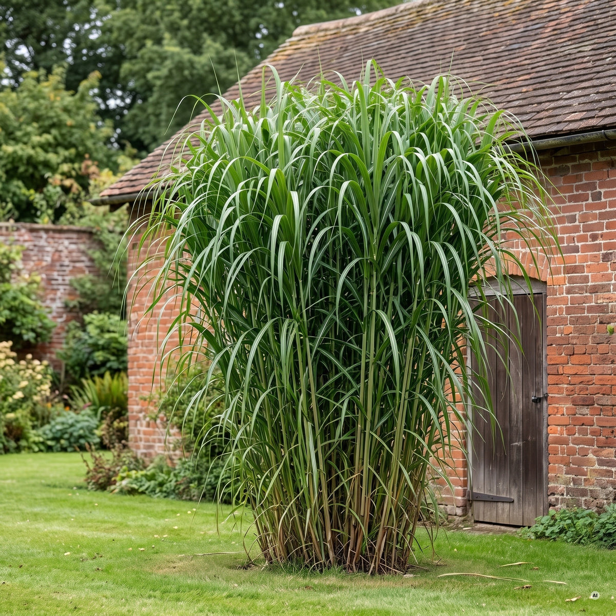 Miscanthus x giganteus, etwa 3 Meter hoher Horst als Solitär im Rasen vor einer alten Backsteinscheune