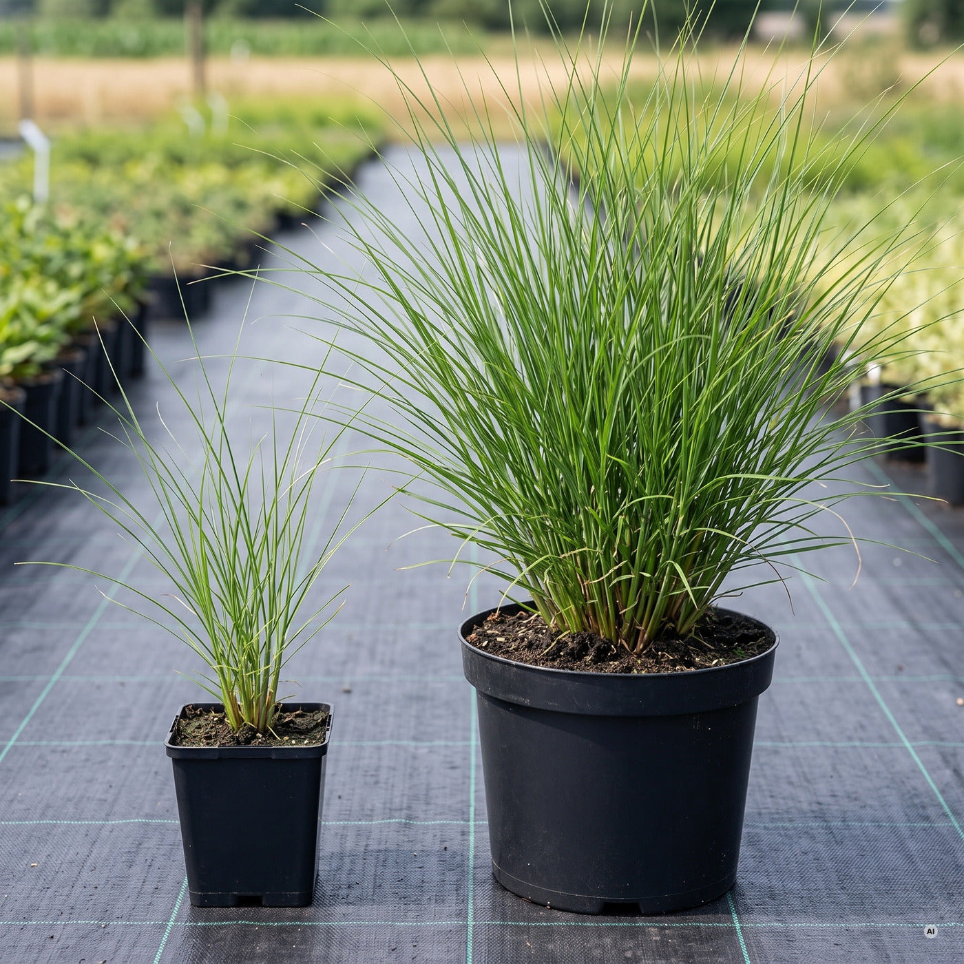 Topfvergleich 'Gracillimus' im Freilandquartier: links im eckigen 11 × 11-cm-Topf (1 Liter), rechts im runden 23-cm-Topf (5 Liter)