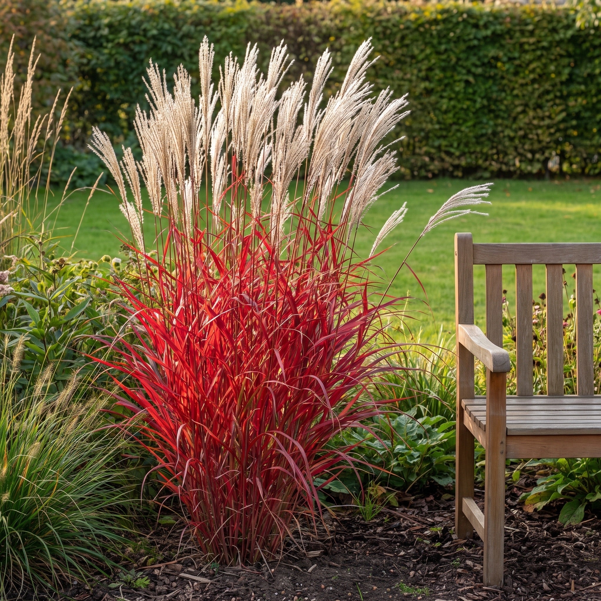 Miscanthus sinensis 'Lady in Red' im Herbstbeet: leuchtend rotes Laub mit silberweißen Blütenrispen darüber, daneben eine Holzbank