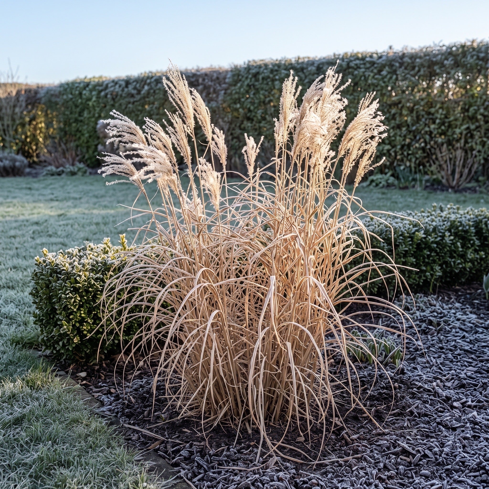 Miscanthus sinensis 'Lady in Red' im Winter: ungeschnittenes strohfarbenes Halmgerüst mit Raureif im Morgenlicht