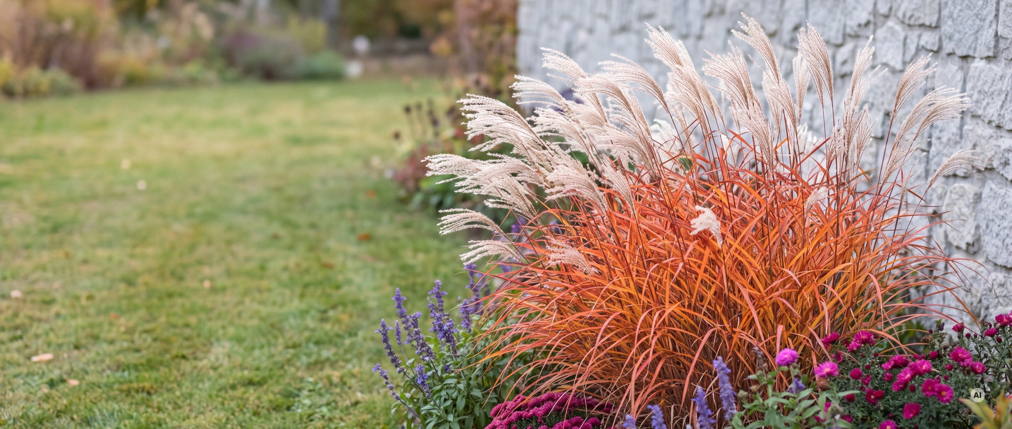 Flammen-Chinaschilf 'Purpurascens' XXL im Herbst mit rot-orangem Laub und silbrigen Rispen vor einer Natursteinmauer