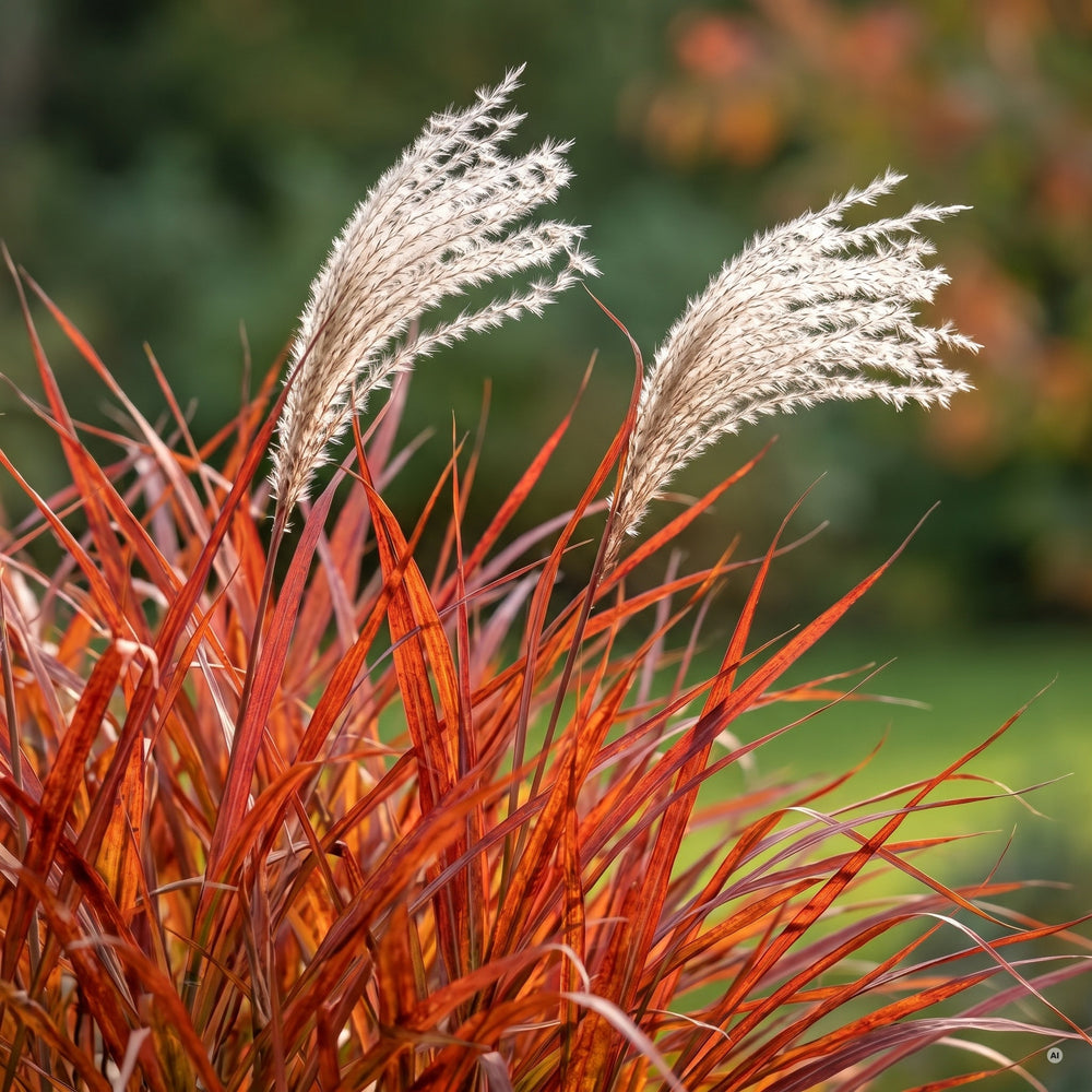 Rot-oranges Herbstlaub und silbrige Rispen von 'Purpurascens' im Detail