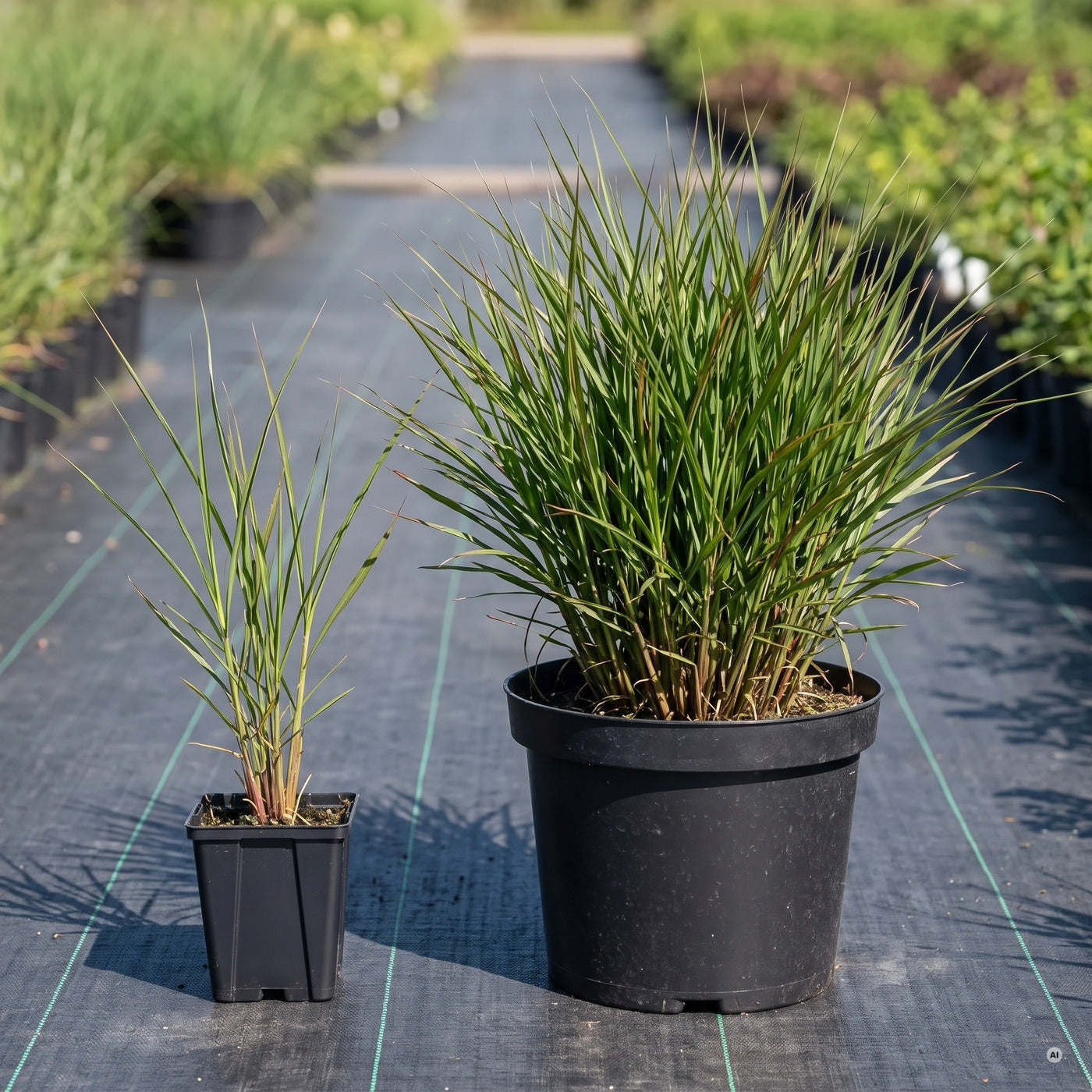 Topfvergleich 'Purpurascens' im Freilandquartier: links im eckigen 11 × 11-cm-Topf (1 Liter), rechts im runden 23-cm-Topf (5 Liter)