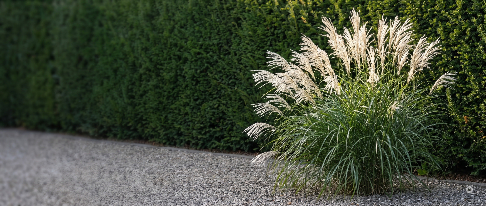 Chinaschilf 'Silberfeder' XXL, hoher Horst mit silbrig-weißen Rispen im Kiesbeet vor einer dunklen Hecke