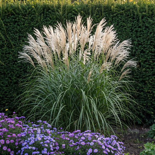 Miscanthus sinensis 'Silberfeder' XXL mit silbrig-weißen Rispen vor einer dunklen Hecke