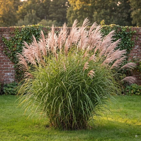 Chinaschilf (Miscanthus sinensis), dichter Horst mit silbrig-rosa Rispen als Solitär im Rasen vor einer Backsteinmauer