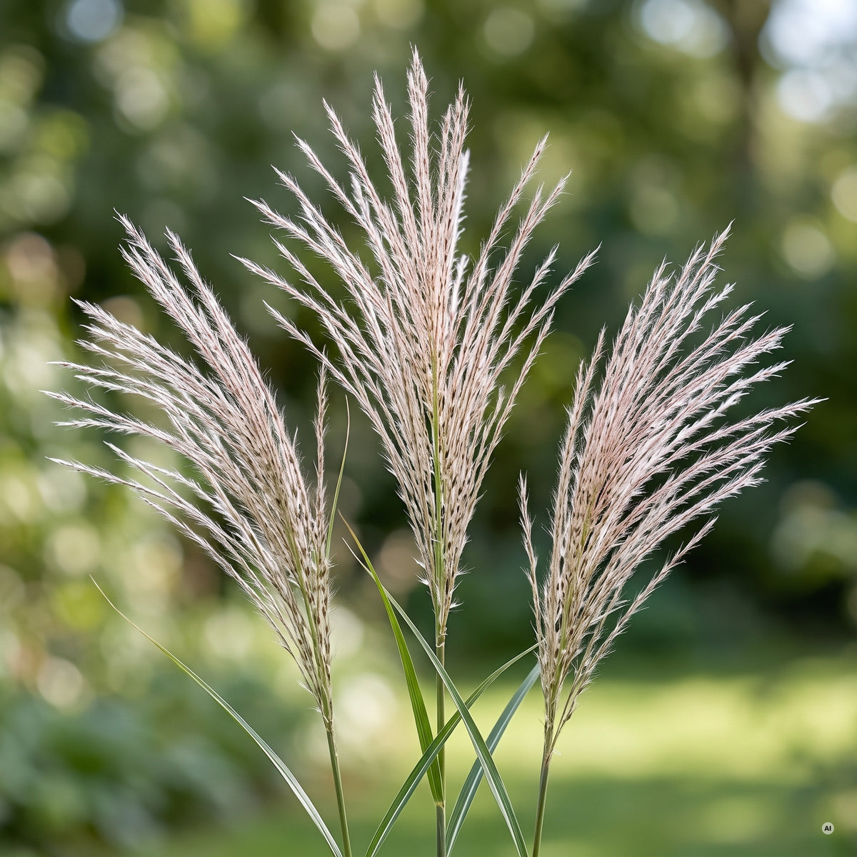 Luftige Rispen von Miscanthus sinensis in Silber bis Rosa über schmalem Laub